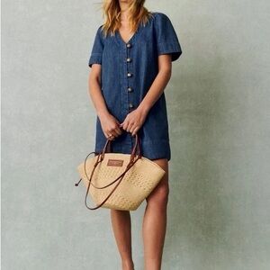 Sezane Vennila Dress deep blue: Denim Button-Front Short Sleeve Dress